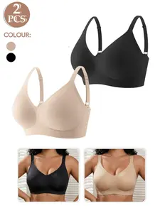 1/2/3pcs Plus Size High-Support V-Neck Wireless Jelly Bra, Supportive Wireless Bra, Plain Design Fitted Comfortable Everyday Wear, Medium Support All Season Bras for Women