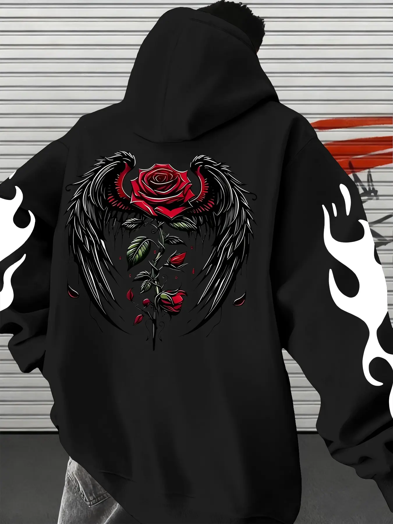 Men's Devil Wings Rose Floral Pattern Hoodie, Trendy Street Casual Style, Fall & Winter Fashion, Long Sleeve Loose Fit, Fleece Comfort Fabric