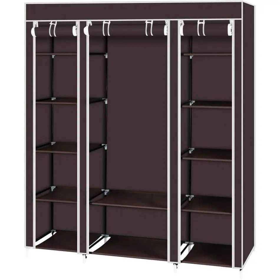 59-Inch Portable Closet Wardrobe Non-Woven Fabric Storage Organizer with Hanging Rods and 12 Storage Shelves Quick and Easy Assembly in Dark Brown