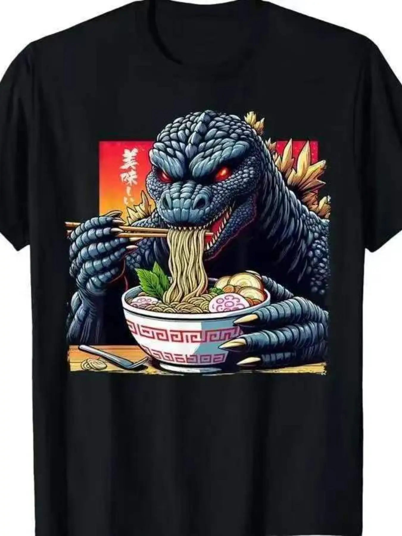 Godzilla Eating Ramen Print T-Shirt, Streetwear, 2026 Summer New Loose-Fit Soft Breathable Short Sleeve Top, Long Clothing, Printed Pattern, No Ca Prop 65 Re/ca