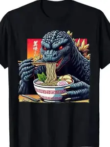 Godzilla Eating Ramen Print T-Shirt, 2026 Summer New Loose-Fit Short Sleeve Top, Long Clothing, Printed Pattern, No Ca Prop 65 Re/ca
