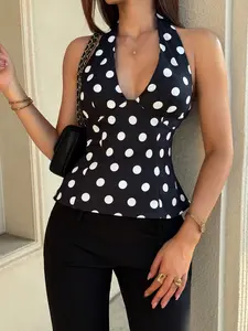Womens Polka Dot Halter Neck Top Deep V Neck Backless Camisole Tie Up Sleeveless Slim Fit Waist Shaping Elegant Vintage Chic Summer Streetwear Date Night Vacation Party Office Casual Fashion Womenswear Top