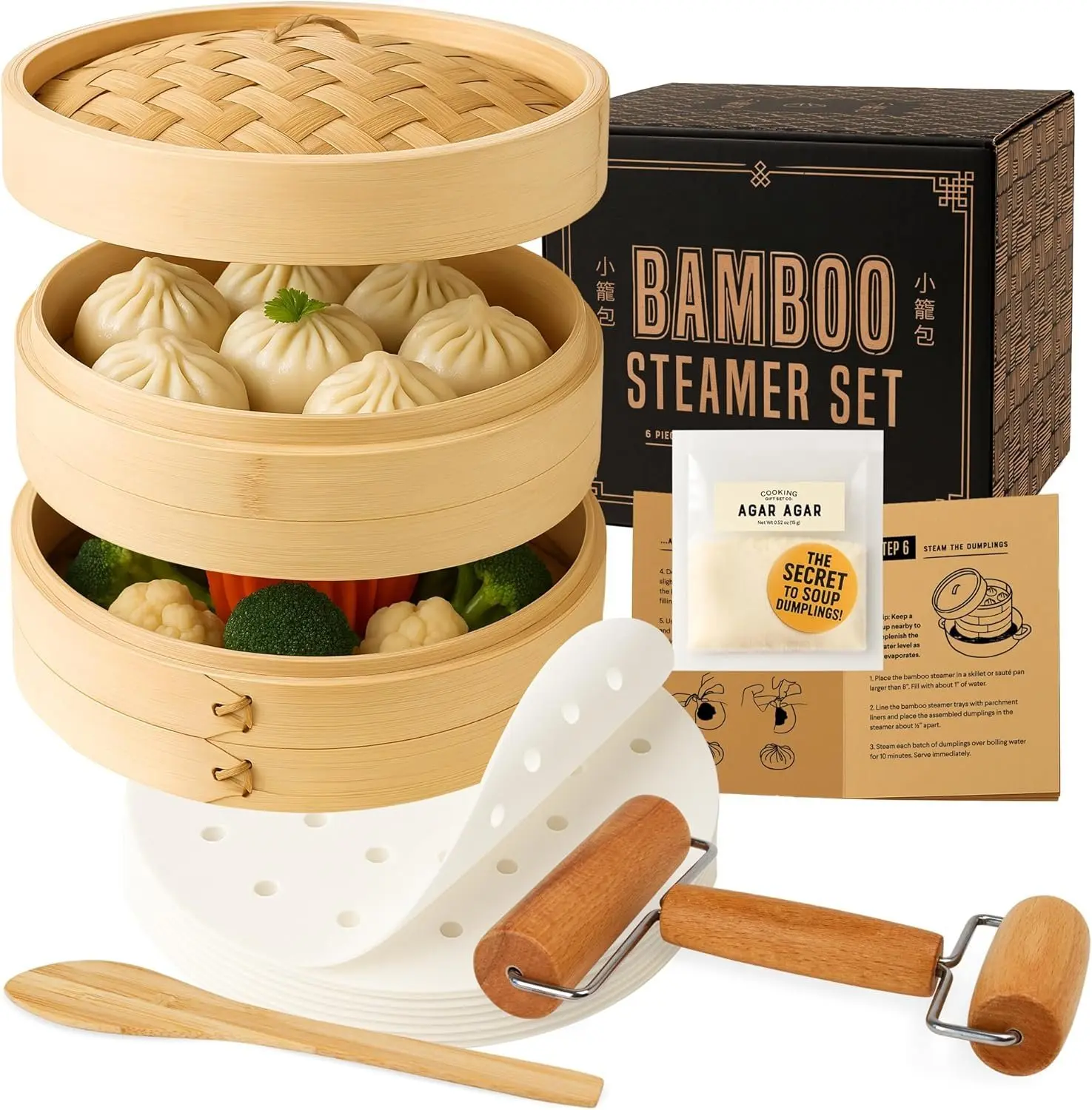 2-Tier 8-Inch Cookware Steamer Basket Soup Dumpling Kit - Includes Agar Agar, Roller, Spoon, Liners, Recipes & Step-by-Step Video (6-Piece Set)
