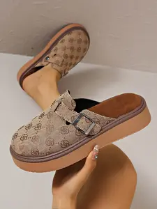 Women's Thick Sole Footbed Sandals, Flat Round Toe Slip-On Platform Mules, Colors, Casual Fashion Outdoor Shoes