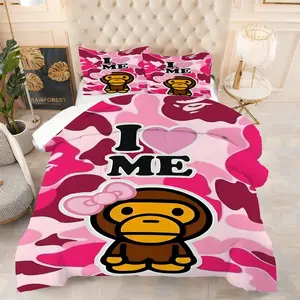2/3Pcs Cute Monkey Character Comforter Set, Playful Pink Camouflage Bedding Set, Soft and Vibrant Design, Perfect for Kids and Teen Bedroom Decor, Embrace Self-Love with I Love ME Theme!1 or 2 Pillowcase No Pillow Core