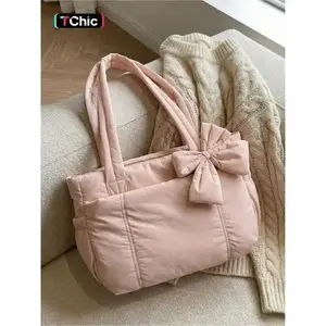 Quilted Puffy PU Leather Shoulder Bag - Bow Accent, Handles, Spacious Blush Pink Lightweight Casual Quilted Puffy Bag for Commuting, Shopping