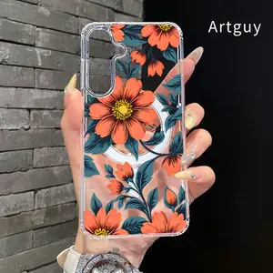 Magnetic Soft Case for  Samsung Galaxy S26 S23 Ultra S24 Plus FE S25 S22+ Beautiful flowers Pattern Anti-Yellowing Shockproof ultra-thin Silicone Crystal Transparent Acrylic Large Hole Cover Supports Wireless Charging
