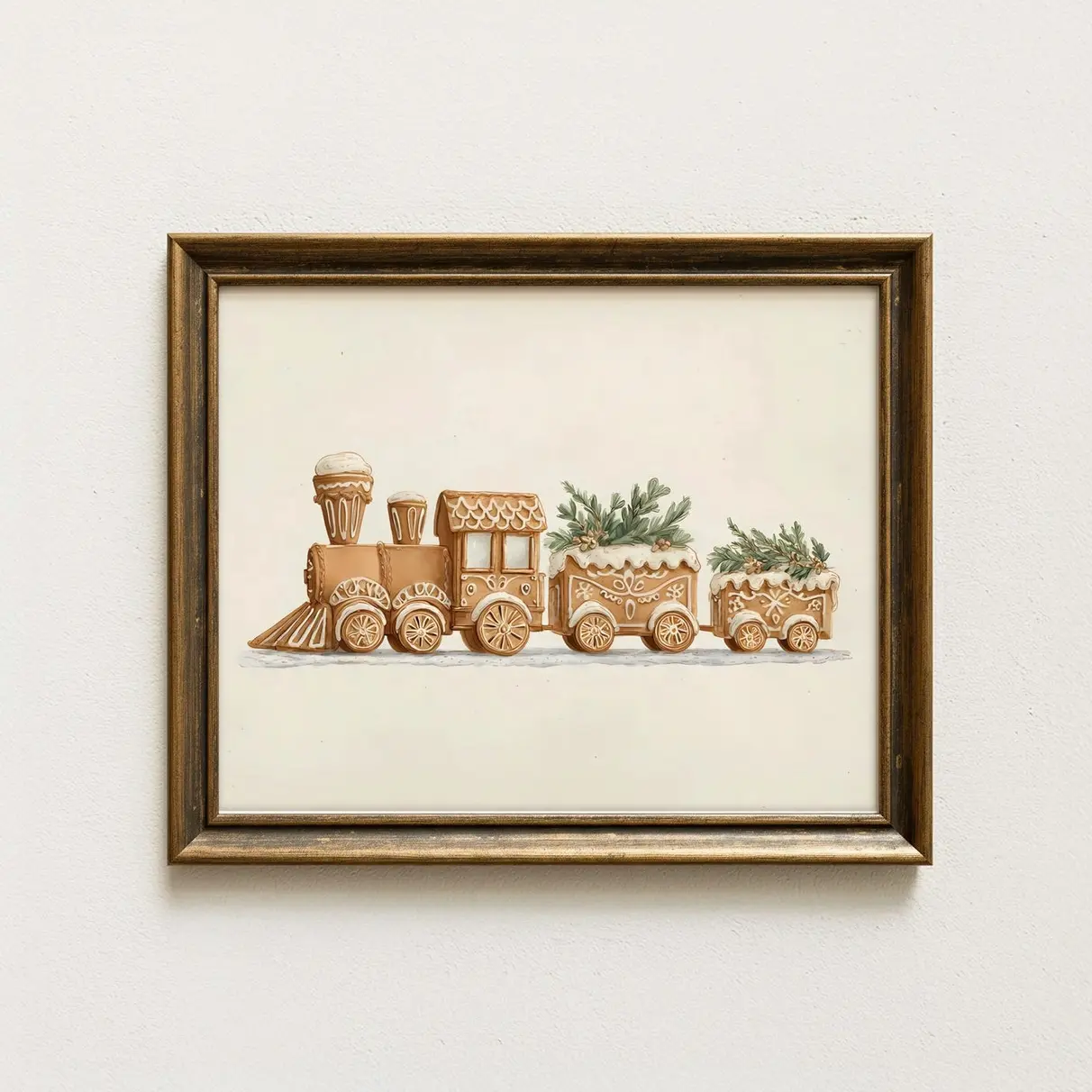 Gingerbread Train Wall Art Print Rustic Christmas Kitchen Decor Festive Holiday Printable Artwork Farmhouse Vintage Xmas Decoration M