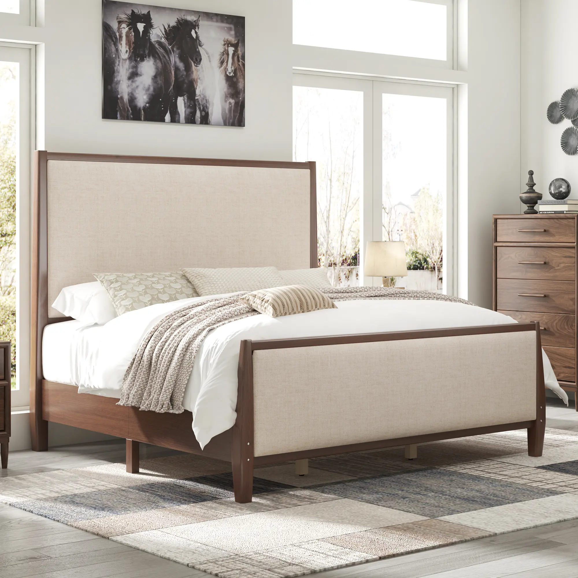 [SummerSale] AMERLIFE 58" Tall Solid Wood Bed Frame with Upholstered Headboard & Footboard, Wooden Platform Bed Frame, No Box Spring Needed, Easy Assembly, Modern Farmhouse Style