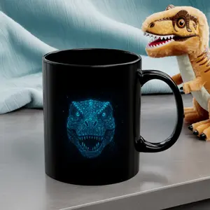 Galaxy Dinosaur Coffee Mug | Neon Blue T-Rex Cup | Cosmic Dino Artwork Coffee Mug for Dinosaur Lovers, Gamers & Sci-Fi Fans | Bold Black Ceramic Drinkware Available in 11oz Size | Dishwasher & Microwave Safe | Unique Prehistoric Gift