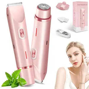 Bikini Trimmer for Women, Electric Shaver and Razor Rechargeable 2-in-1 Body and Facial Hair Removal Double Head for Painless Trimming of Pubic Face Underarm Legs,IPX7 Waterproof, pink Intimate Pubic Trimmer, USB Rechargeable Trimmer