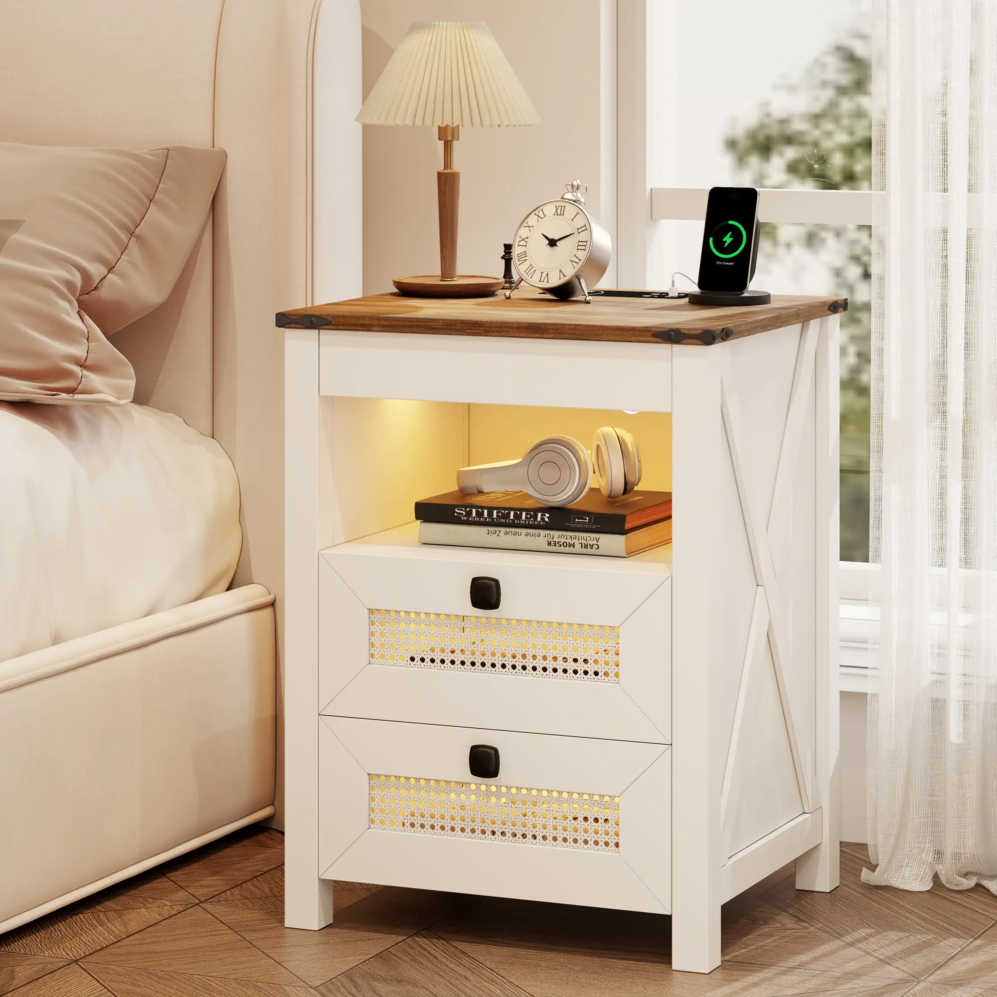 Dystler Rustic Smart Bedside Table｜Lockable Hidden Gun Holder Drawer, Human Sensor LED Light, USB‑C & Wireless Charging Station, Farmhouse End Table for Bedroom Living Room, Assembly Required