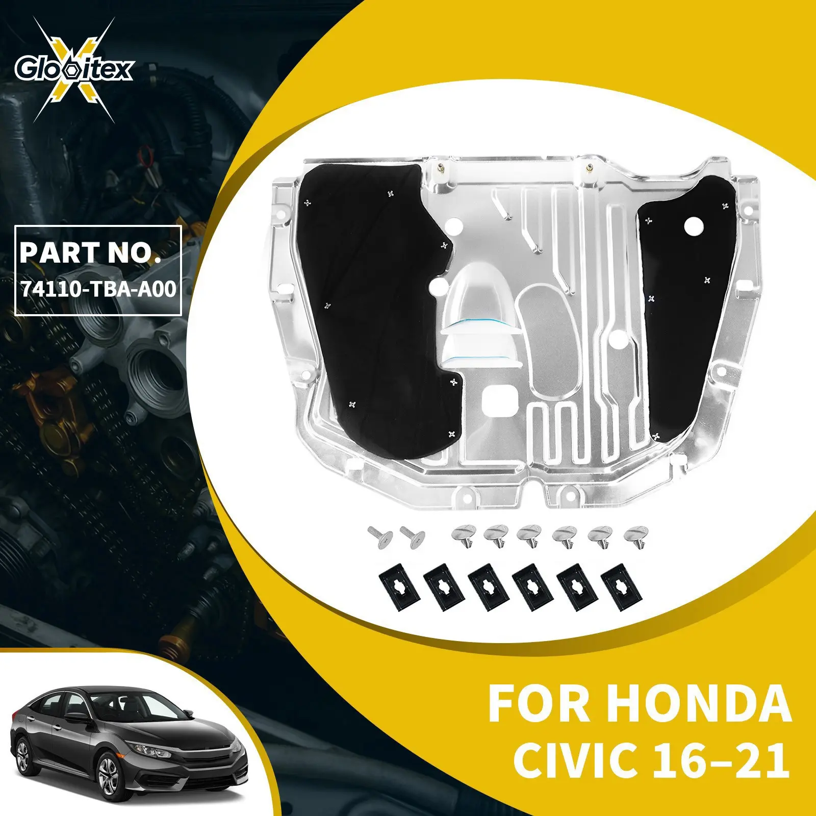 1 x Aluminum Engine Under Cover Splash Shield Skid Plate for Honda Civic 2016-2021, Underbody Guard Chassis Cover, Heat Insulation, Noise Reduction, Replaces 74110-TBA-A00, 2 x Mounting Screws & Complete Hardware Kit for Potholes, Gravel, Speed Bumps