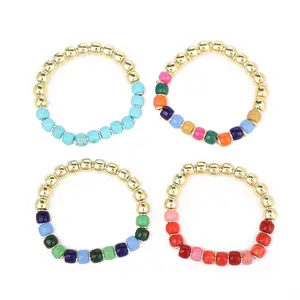 Barrel Bead Bracelet Gold & Silver Enamel Colorblock Aesthetic Stacking Jewelry Gift Box Packing