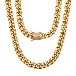 Oran Cuban Link Necklace, crafted from stainless steel with K-gold vacuum nano-plating and featuring a unique clasp adorned with cubic zirconia. Chain width: 6–14 mm, Length: 16-30 inches. Hypoallergenic, with a heavy, rugged texture.amelia necklace tikto