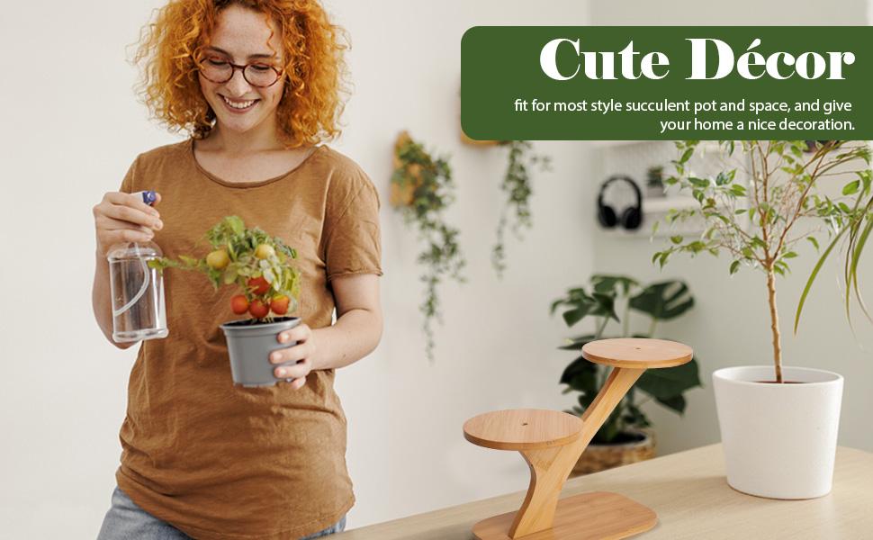 3-Tier Bamboo Succulent Planter Set - Aesthetic Desk Plant Stand Gift with 3 Ceramic Pots