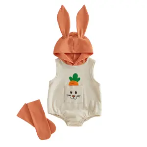 Babamoon Toddler Infant Baby Girl Boys Easter Bunny Costume Carrot Embroidery Pocket Sleeveless Hood Romper Long Socks Party Clothes 0-18 Months
