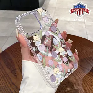 Transparent MagSafe Phone Case for iPhone 16 Pro Max 15 Plus 14 13 12 11 XR E XS Purple Tulips Bear Patterned Acrylic Back Non Slip Protective Cover Gift for Girl