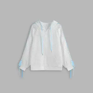 Cider [2 colors, size 2-26] Round Neckline Hollow Out Knotted See-through Oversized Jacket