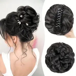 Voluminous Wavy Curly Synthetic Chignon Ponytail Extension - Elegant Women's Claw Clip Messy Bun Hairpiece - High-Temperature Resistant with Floral Embellishments