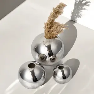 Mirror Finish Silver Color Round Modern Ceramic Vase, Luxurious Centerpieces Vases, Perfect for Minimalist Home Decor, Ideal for Fresh Flower Arrangements in Multiple Settings