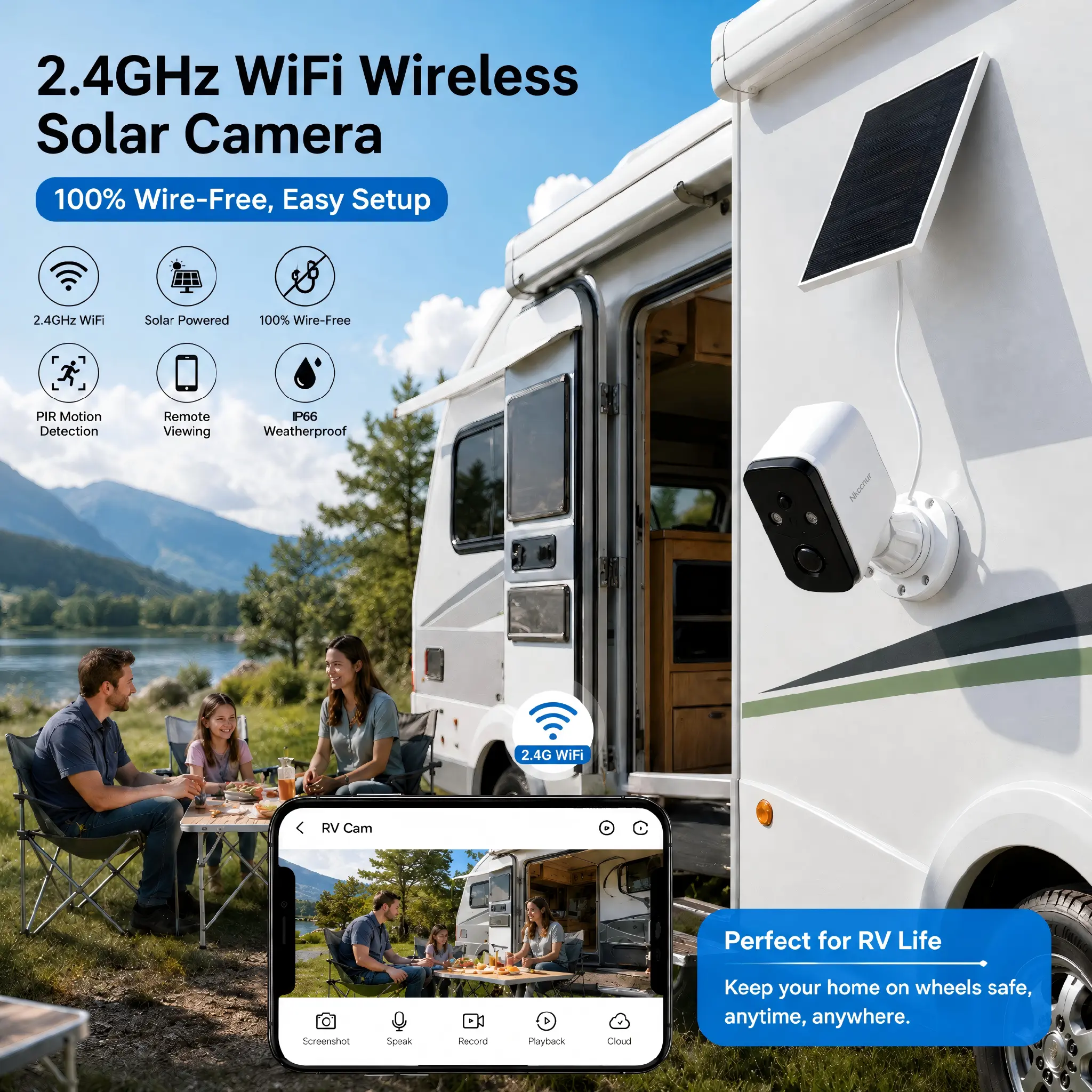NKccnur  Solar Wireless Security Camera Outdoor, Solar Powered WiFi Home Surveillance Camera with AI Motion Alert, Color Night Vision, 2-Way Audio, IP66 Waterproof, Cloud Storage
