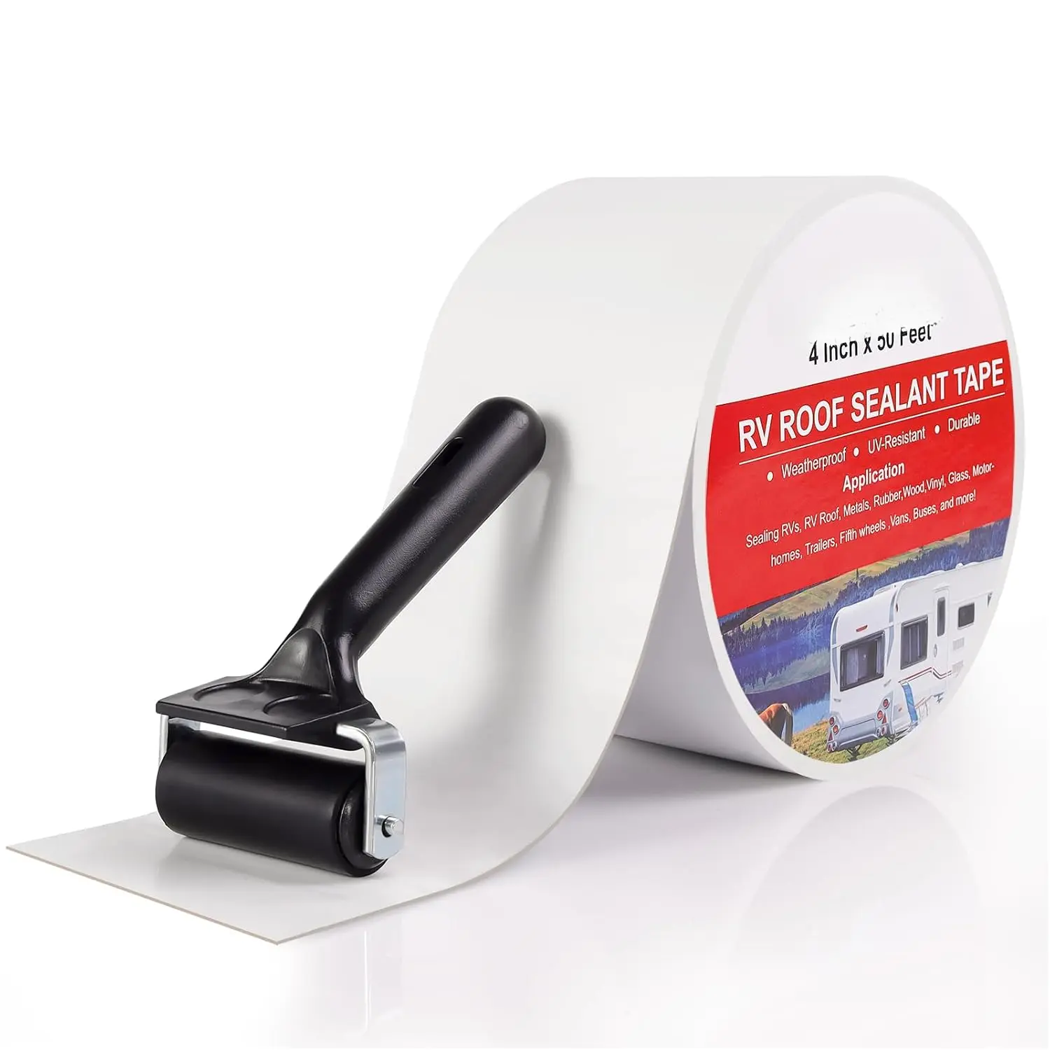 RV Roof Tape with Rubber Roller, 4 Inch x 50 Feet RV Sealant Tape for Camper Roof Repair, Boat Sealing, Trailer Roofing Seam Leaks, UV Resistant, Waterproof, White