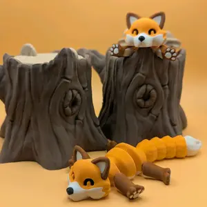 3D Printed Articulated Fox in a Stump | Twist Lock Lid | Multicolor Fidget Desk Toy Novelty Gift
