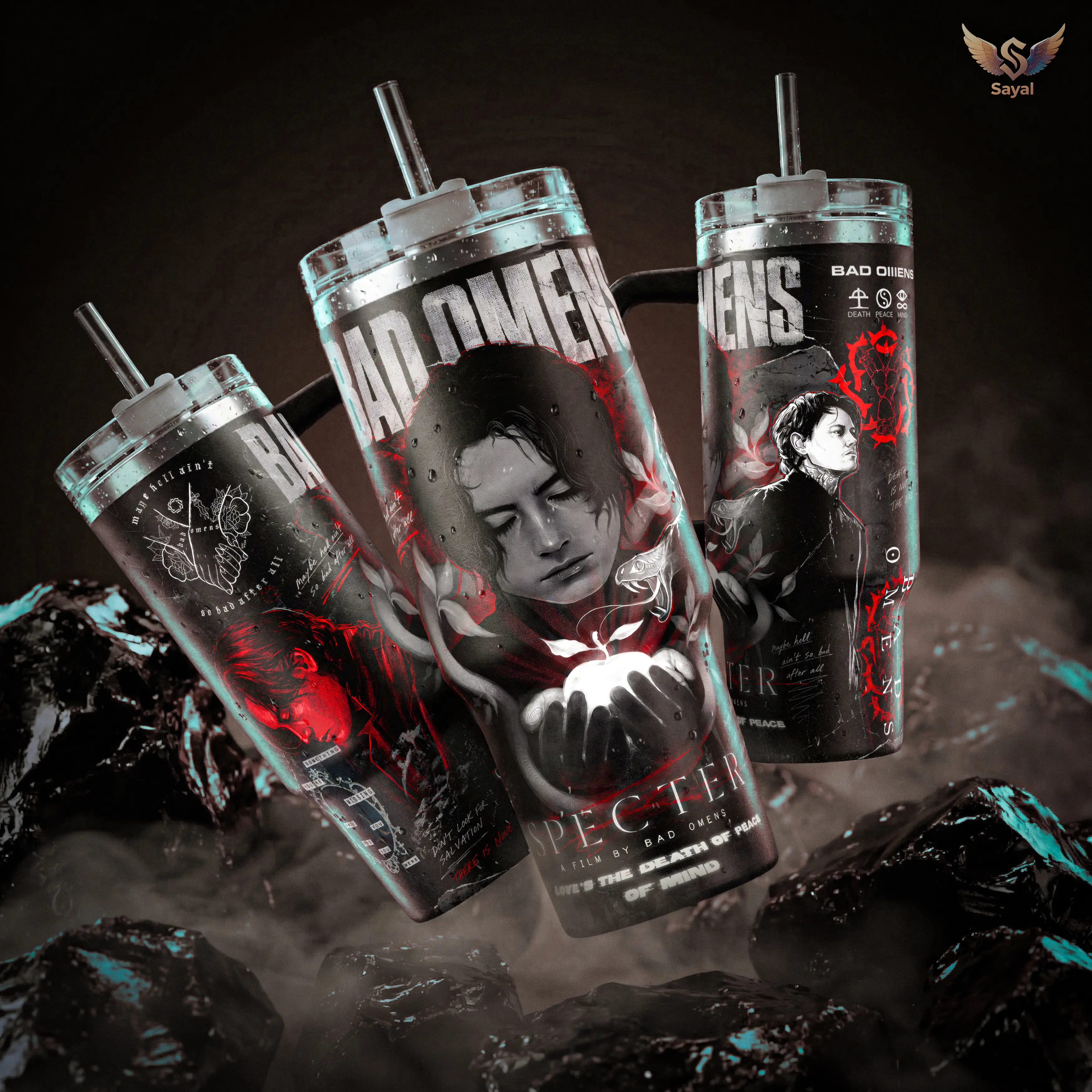 Bad Omens Noah Sebastian Specter Death Of Peace Of Mind 40 20 oz Insulated Tumbler Stainless Steel Handle Straw Keeps Drinks Hot Cold Black Red Metalcore Merch For Fans