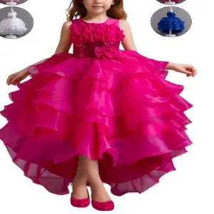 Girls' Shiny Sheer Formal Dress, Elegant Floral Decor Party Gown, Suitable for Birthday Performances, All-Season Children's Clothing