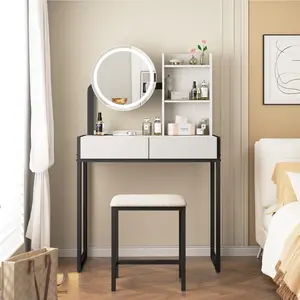 Small Vanity Desk with Mirror and Lights, Makeup Vanity Table with LED Mirror, 3 Lighting Modes, Power Outlet, Drawer, Open Shelves and Cushioned Stool for Bedroom (White and Black/White and Gold)