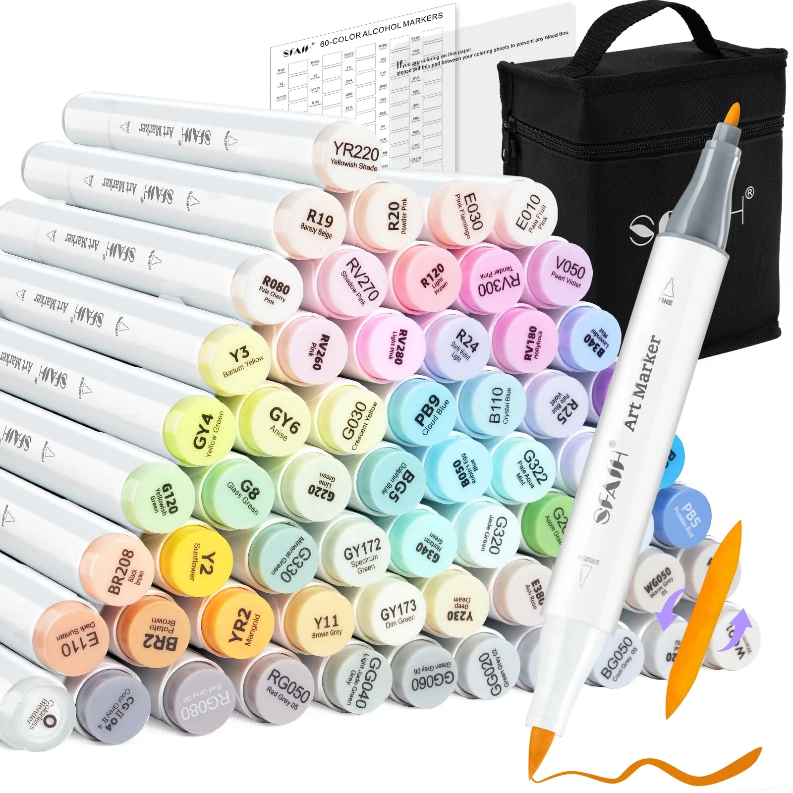 SFAIH Alcohol Markers Brush Tip - 61 Pastel Brush & Fine Dual Tip Art Markers for Artist Illustration, Adult Coloring Books, Gifts for Artist Adult, Colorless Blender, Enjoy Blending, Carrying Case