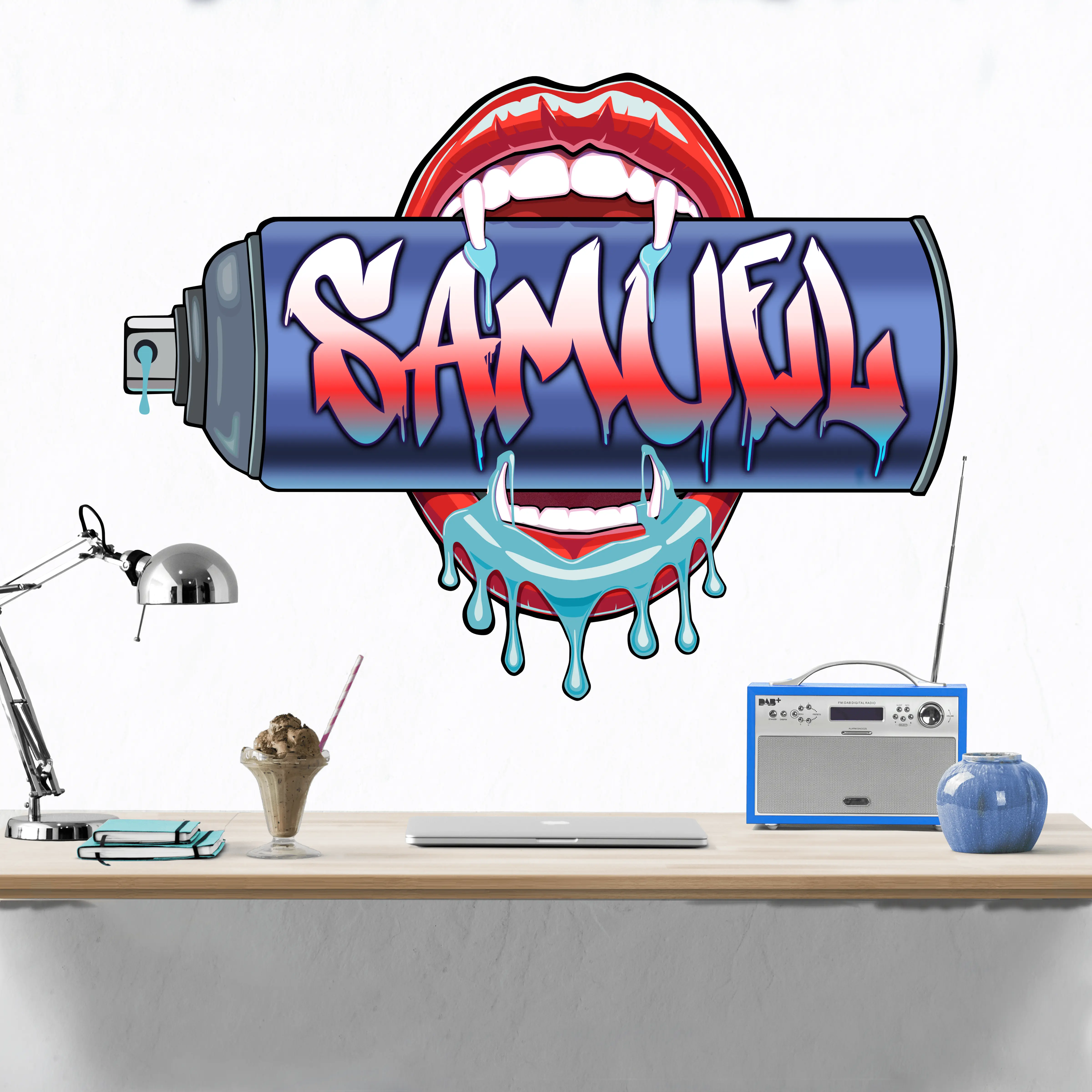 "Bite Me"-0 Graffiti Spray Can Vinyl Wall Decal – Custom Name Art, Sexy Vampire Mouth, Urban Street Style Decor