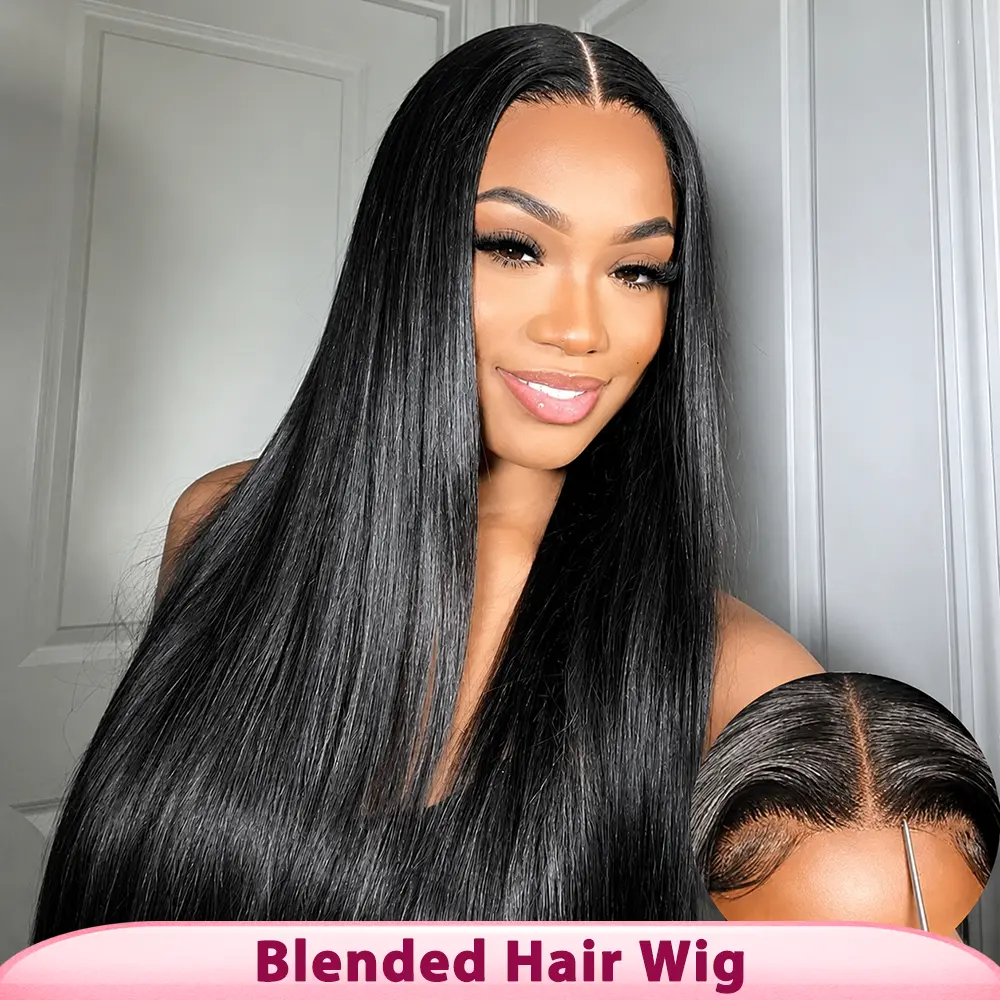 Natural Black Straight 5x5 Lace Closure Wig, Synthetic Human Hair Blend Wig for Women, 220% Density Pre Cut Pre Plucked Wig with Baby Hair, Glueless Wear And Go Wig middle part synthetic heat heat-resistant fiber