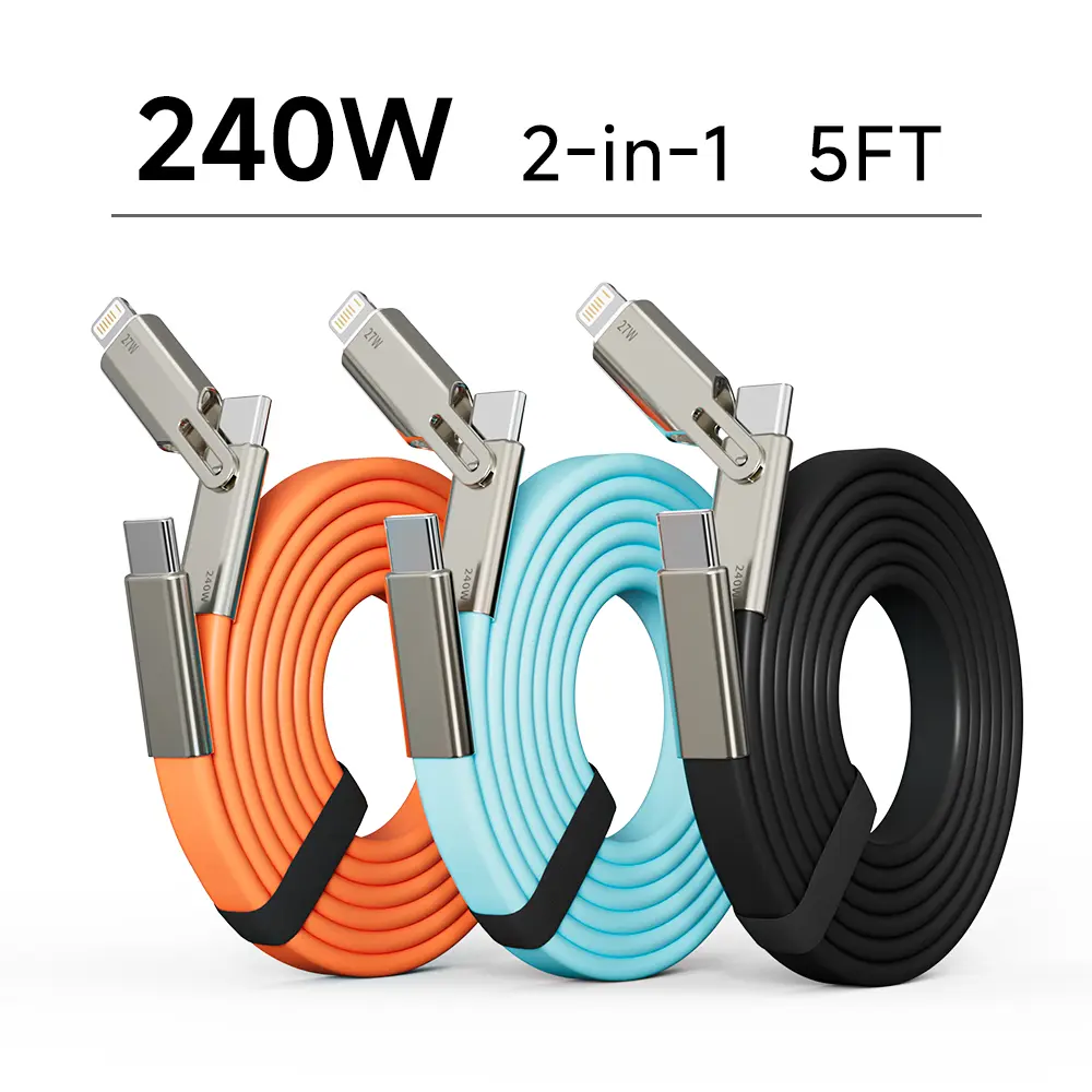 240W USB-C to USB-C Cable with Lightning Adapter, 5FT 2-in-1 Fast Charging Cord, Liquid Silicone Flat Tangle-Free Charger Cable for iPhone 17/16/15, iPad, Samsung, MacBook