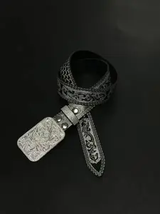 Women Gothic Accessory Belt, Unisex Hexagram Hollow Silver Color Floral Alloy Buckle Waistband, Bohemian Style All Seasons