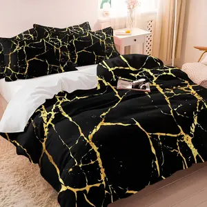 Black Gold Marble Duvet Cover Set, 1 Duvet Cover and 1-2 Coreless Pillowcases, Black Background with Gold Cracked Lines, Soft Comfortable Bedding, Modern Luxury Bedroom Decor, Gift Choice