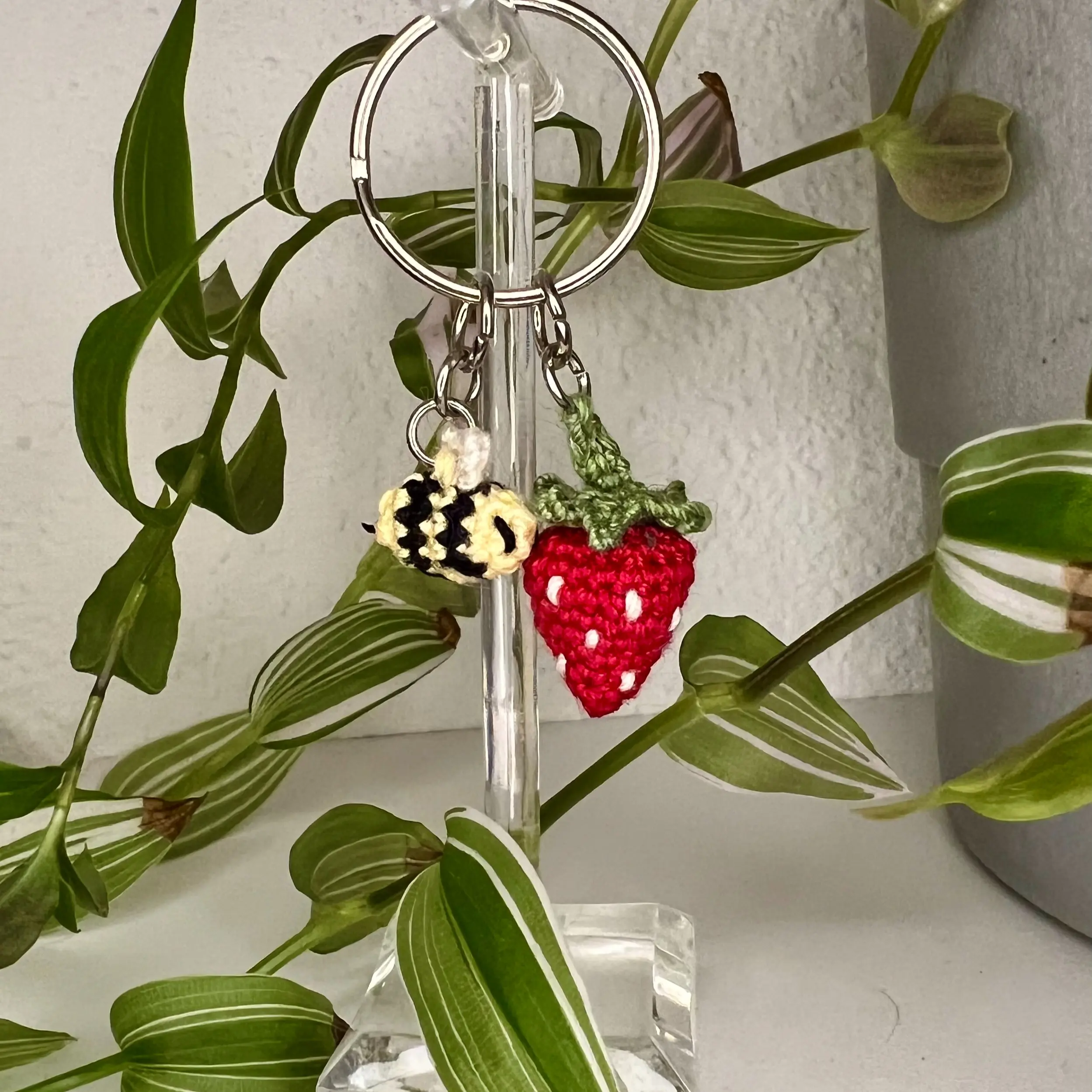 Crochet Strawberry Bee Keychain