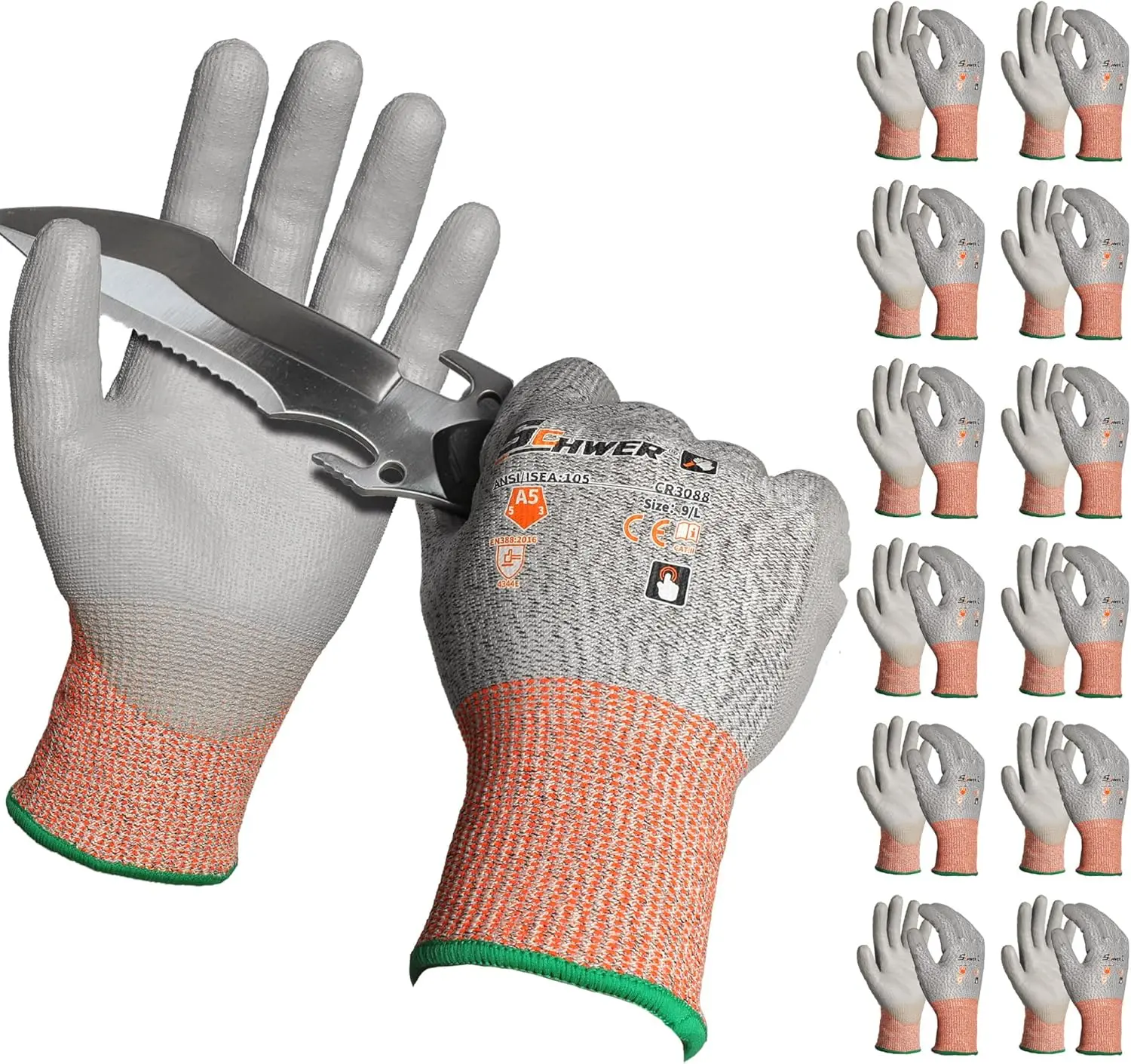 Schwer 12 Pairs ANSI A5 Cut Resistant Work Gloves, Cut Proof Gloves with PU Coating, Used for Metal Fabrication, WoodWorking, Construction, Non Slip, Durable