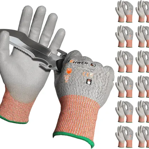 Schwer ANSI Cut Level 5 PU-Coated Anti-Slip Gloves, 12 Pairs, 160°F Washable Abrasion-Resistant Construction Gear for Auto Repair, Cargo Handling Hand Protection