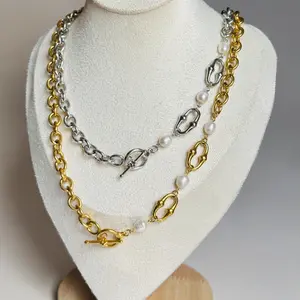 Pearl and Chain Necklace | Stainless Steel 18k | 19” long Pearl and Chain Necklace | Stainless Steel 18k | 19” long