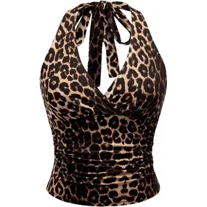 Women's Leopard Print Ruched Halter Crop Tops V Neck Tie Back Sleeveless Slim Fit Cami Tops