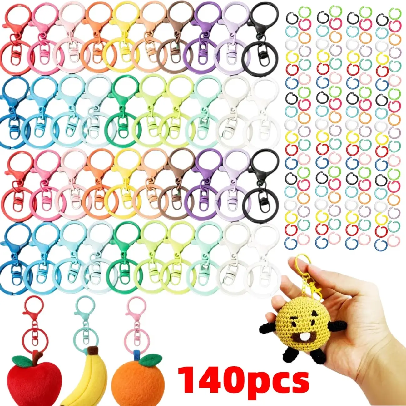 140Pcs Colorful Keychain Making Accessories Set, 40 Keychains & 100 Mixed Split Rings, DIY Handcraft Ornament Parts for Bag Pendant Decoration Creative Art Making Supplies