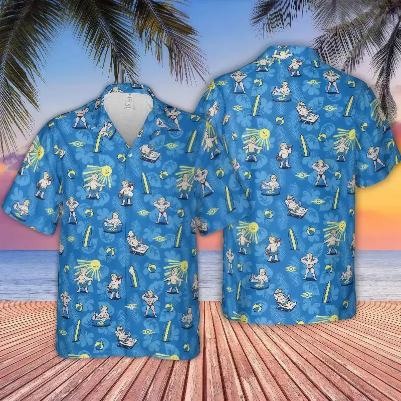 Men's Fallout Vault Boy Nuclear Summer Hawaiian Aloha Shirt - Short-Sleeve Cotton Button-Up Menswear, Blue Retro 80s Gamer Vibe Fabric Top, Breathable Stylish Tropical Surf Print Vacation Casual Gift