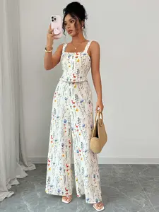 Floral Jumpsuit Apricot Wide Leg Romper for Summer Vacation High Waist Knot Detail Zipper Closure Boho Chic Style All-Over Print Lightweight Blend 97% Polyester 3% Elastane