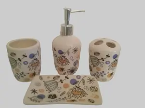 Watson Bathroom Accessories 4-Piece Ceramics Set - Soap Dispenser, Toothbrush Holder, Orange-Black-Blue Floral Design, Modern Functional Home Gadget, Ceramic