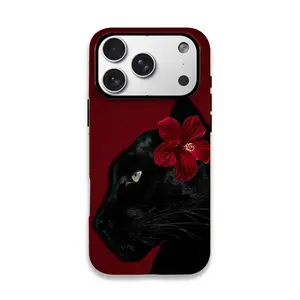Black panther and red flower pattern phone case, double-layer protective shell, durable, shockproof, and stylish protection for iPhone 11, 12, 13, 14, 15, 16, 17 Pro Max, and Pro Plus series. A stylish and creative new phone case, perfect as a gift .