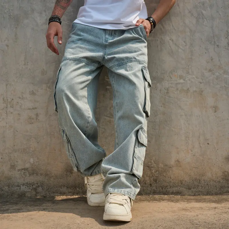 Petal’s Men’s Collection Light Wash Cargo Jeans W/ Multi-Pocket Design