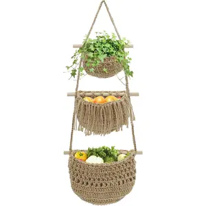 3 Tier Fruit Basket, Woven Jute Wall Basket for Organizing Fruit Vegetable, Boho Wall Baskets for Bedroom Living Room
