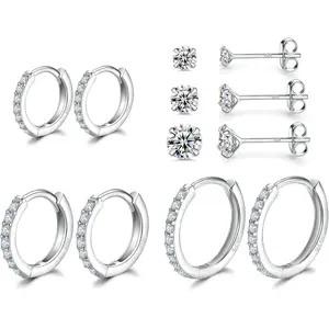 Sterling Silver Hoop Earrings Sterling Silver Stud Earrings for Women 6 Pairs Hypoallergenic Tiny Cubic Zirconia Stud Set Cartilage Hoops